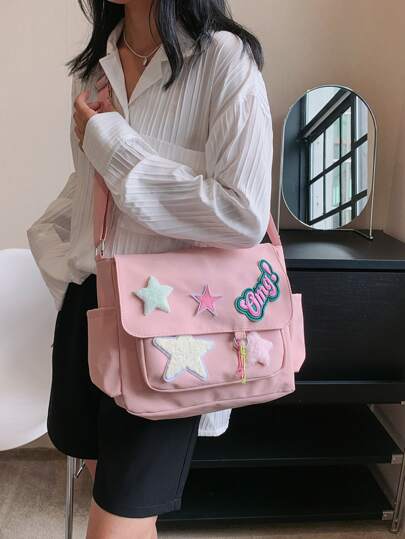 College Girl Shoulder Bag, Cute Girly Style, Large Capacity Casual Commuter Bag, Zipper Design, Pink Canvas, Soft Crossbody Bag