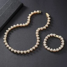 2pcs Heart Shape Rhinestone-Encrusted Creative Personalized 10mm Full Rhinestone Necklace Bracelet Jewelry Set Valentines,Mom,Mother,Mother's Day,Gift - Gold - View 1