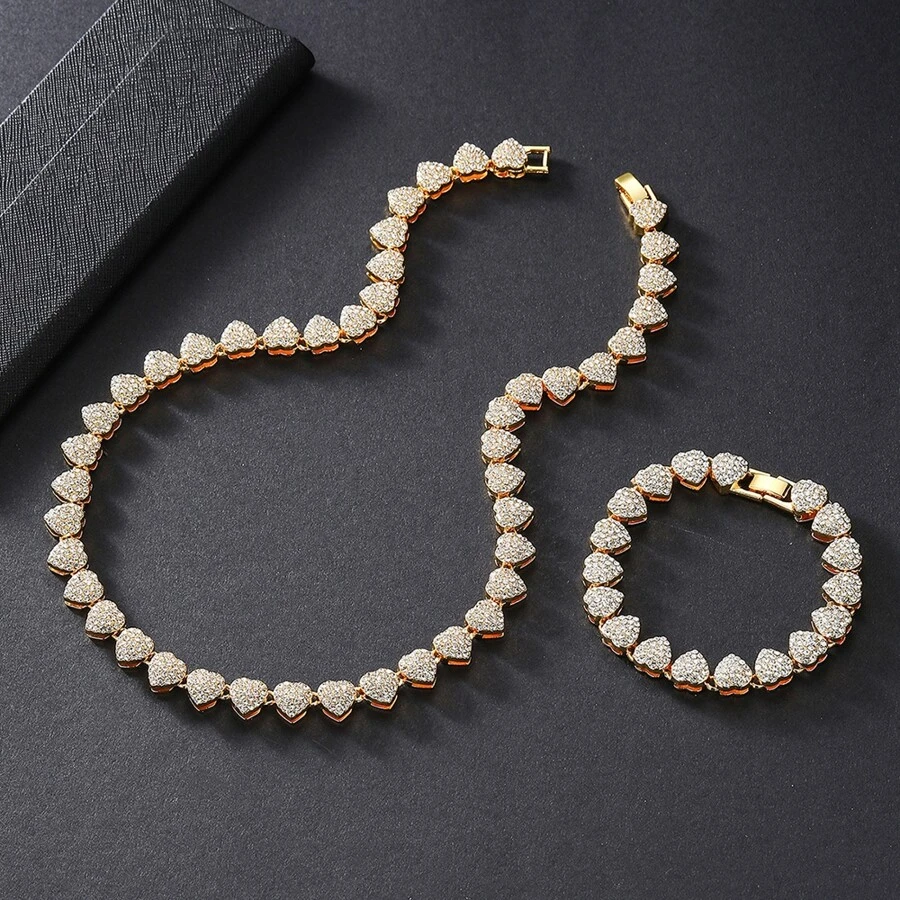 2pcs Heart Shape Rhinestone-Encrusted Creative Personalized 10mm Full Rhinestone Necklace Bracelet Jewelry Set Valentines,Mom,Mother,Mother's Day,Gift - Gold - View 1