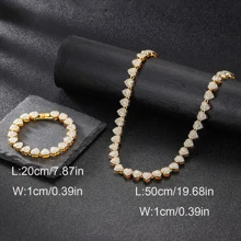 2pcs Heart Shape Rhinestone-Encrusted Creative Personalized 10mm Full Rhinestone Necklace Bracelet Jewelry Set Valentines,Mom,Mother,Mother's Day,Gift - Gold - View 2
