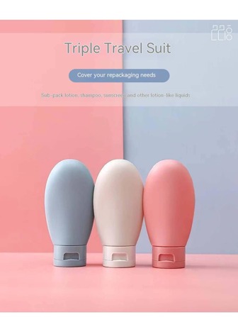 3pcs Travel Silicone Cosmetic Toiletry Bottles Set, Including Refillable Bottles For Shampoo, Lotion, Facial Cleanser, Shower Gel, Empty Squeeze Containers