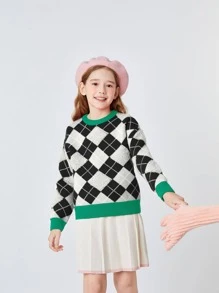 Balabala Áo len trễ vai kiểu Argyle của Tween Girl - Đen và trắng - Xem 1