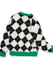 Balabala Áo len trễ vai kiểu Argyle của Tween Girl - Đen và trắng - Xem 2