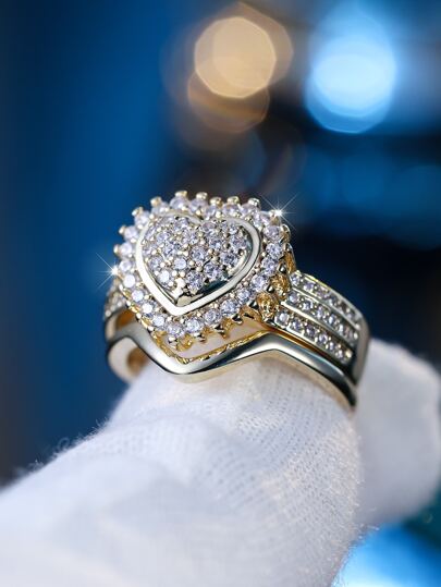 Vanel 1pair Vintage Palace Style Claw & Cubic Zirconia Heart Shape Ring Set For Women, Fashionable Wedding Jewelry, Bridesmaid Gift, Gift For Wife/Daughter Valentines