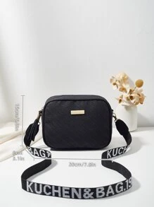 編織質感紋理方形單肩包帶可調整肩帶適合女士 - 黑色 - 查看 6