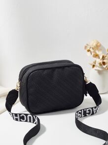 編織質感紋理方形單肩包帶可調整肩帶適合女士 - 黑色 - 查看 5