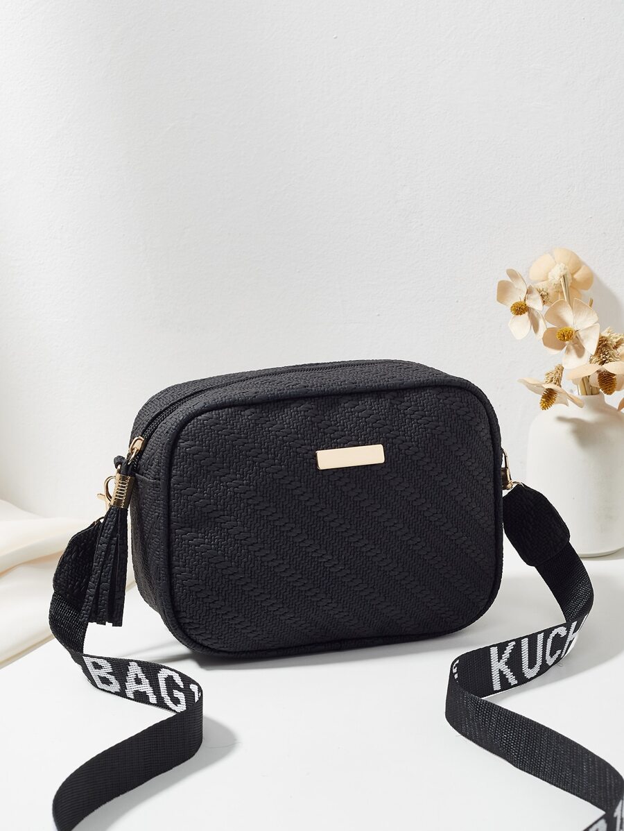 編織質感紋理方形單肩包帶可調整肩帶適合女士 - 黑色 - 查看 1