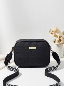 編織質感紋理方形單肩包帶可調整肩帶適合女士 - 黑色 - 查看 4