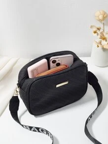 編織質感紋理方形單肩包帶可調整肩帶適合女士 - 黑色 - 查看 3