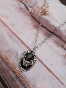 哥特式蝙蝠项链，镀银镶框女巫水晶吊坠项链 - 黑色 - 查看 2
