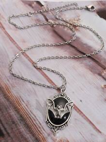 哥特式蝙蝠项链，镀银镶框女巫水晶吊坠项链 - 黑色 - 查看 3