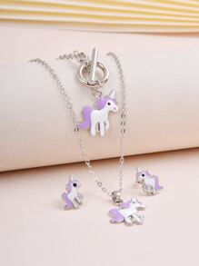 4 cái/bộ Đúng mốt Phim hoạt hình Unicorn Theo chủ đề Tím Dây chuyền , Vòng tay , Bộ bông tai Dành cho Cô gái - Màu tím - Xem 1