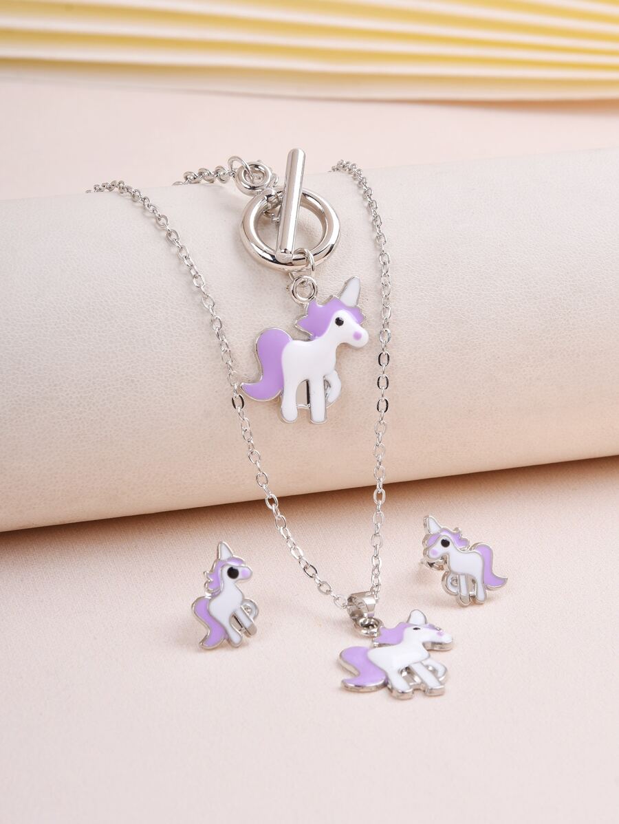 4 cái/bộ Đúng mốt Phim hoạt hình Unicorn Theo chủ đề Tím Dây chuyền , Vòng tay , Bộ bông tai Dành cho Cô gái - Màu tím - Xem 1