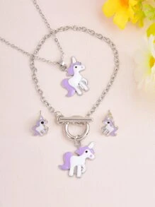 4 cái/bộ Đúng mốt Phim hoạt hình Unicorn Theo chủ đề Tím Dây chuyền , Vòng tay , Bộ bông tai Dành cho Cô gái - Màu tím - Xem 5