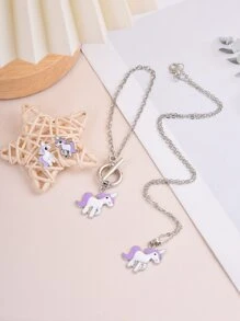 4 cái/bộ Đúng mốt Phim hoạt hình Unicorn Theo chủ đề Tím Dây chuyền , Vòng tay , Bộ bông tai Dành cho Cô gái - Màu tím - Xem 2