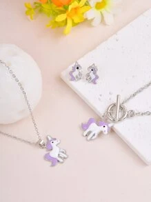 4 cái/bộ Đúng mốt Phim hoạt hình Unicorn Theo chủ đề Tím Dây chuyền , Vòng tay , Bộ bông tai Dành cho Cô gái - Màu tím - Xem 3