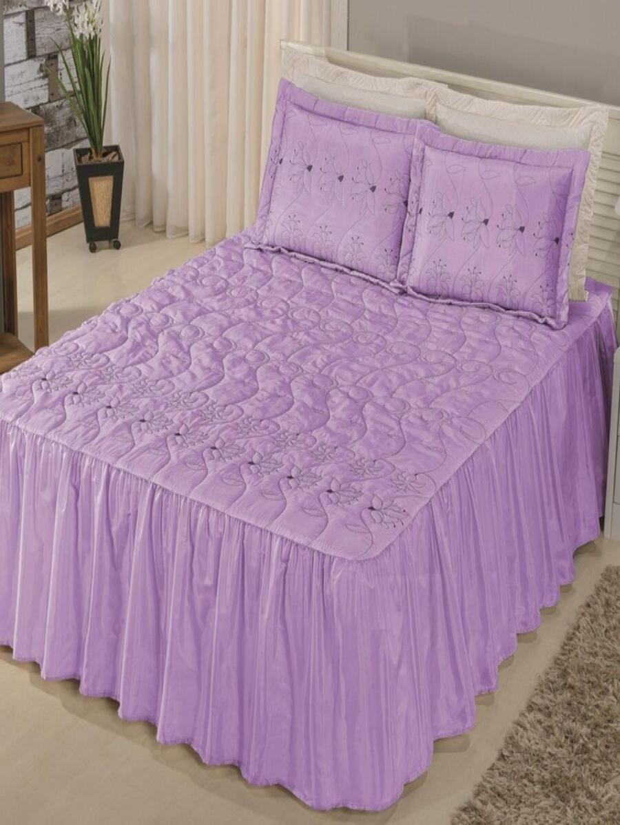 Colcha Casal Padrão 3 Peças Bordado Floratta Com Babado - Roxo - Visão 1