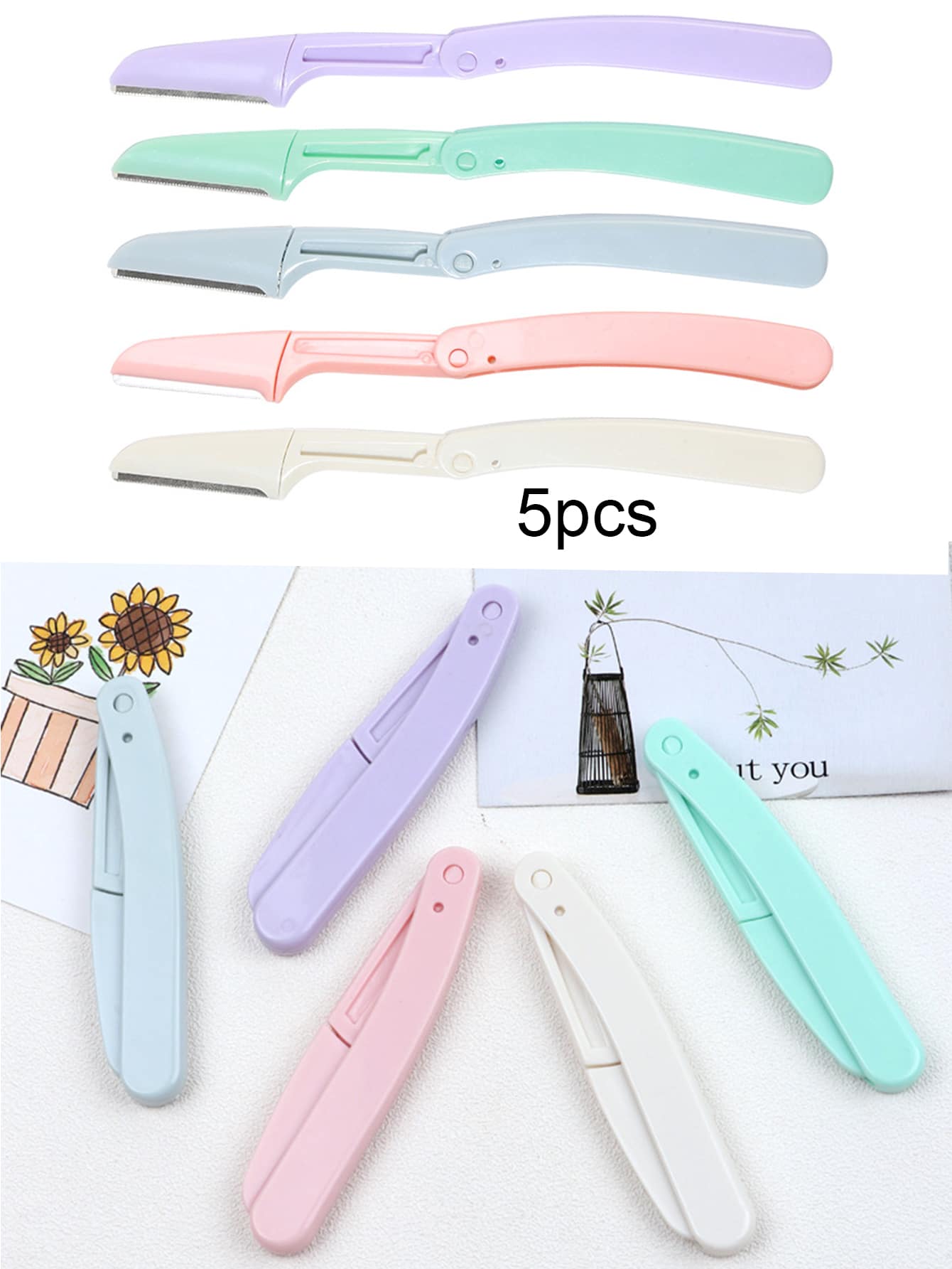 5件套不锈钢折叠式眉毛修剪器面部毛发剃刀便携式眉毛折叠剃刀女士化妆身体毛发去除器美容工具,化妆,便宜,房间装饰,梳妆台,旅行,卧室,化妆配件,眉毛剃刀,便宜,圣诞礼物,化妆品,化妆工具,便宜货,礼物,女士礼物,圣诞礼物 - 彩色 - 查看 1