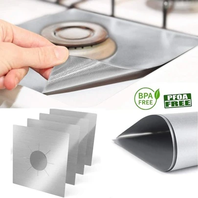 4 Pieces 27*27cm, 0.12mm Thickness High Temperature Resistant Teflon Gas Stove Mat, Non-stick Reusable Gas Stove Top Cover Gas Stove Liner For Kitchen, Cuttable, Easy To Clean, Silver