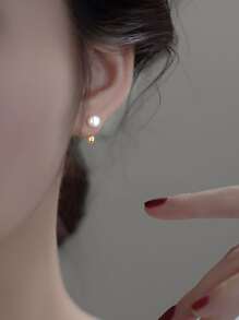 ELSEDES 1 对复古风格 S925 银 U 形镶嵌淡水珍珠耳环，简约时尚女士日常/办公室佩戴 - 金色 - 查看 2