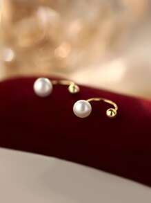 ELSEDES 1 对复古风格 S925 银 U 形镶嵌淡水珍珠耳环，简约时尚女士日常/办公室佩戴 - 金色 - 查看 8