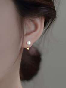 ELSEDES 1 对复古风格 S925 银 U 形镶嵌淡水珍珠耳环，简约时尚女士日常/办公室佩戴 - 金色 - 查看 4