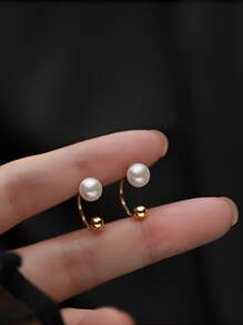 ELSEDES 1 对复古风格 S925 银 U 形镶嵌淡水珍珠耳环，简约时尚女士日常/办公室佩戴 - 金色 - 查看 7