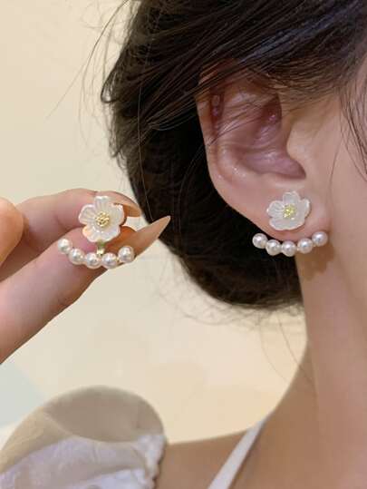 SHEIN MOD 1 对女士可爱花朵仿珍珠耳环，时尚优雅简约纯色耳环适合日常、休闲、派对、通勤、度假装情人节