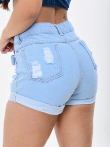 Women Denim Shorts - 淺色水洗藍 - 查看 2