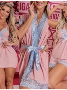 TRIO ALGODÃO DOCE ( CAMISOLA + BABY DOLL + HOBBY) - Rosa Bebê - Visão 1