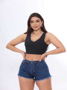 Women Denim Shorts - 深色水洗藍 - 查看 3