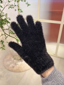 1pair Unisex Black Plush Warm Gloves For Autumn And Winter - Black - View 3