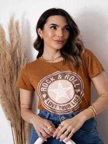Camiseta feminina manga curto ,T-SHIRT / Etampa ROCK & ROLL STAR/ top TECIDO: VISCOLYCRA - Caramelo - Visão 1