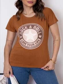 Camiseta feminina manga curto ,T-SHIRT / Etampa ROCK & ROLL STAR/ top TECIDO: VISCOLYCRA - Caramelo - Visão 2