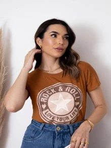Camiseta feminina manga curto ,T-SHIRT / Etampa ROCK & ROLL STAR/ top TECIDO: VISCOLYCRA - Caramelo - Visão 6
