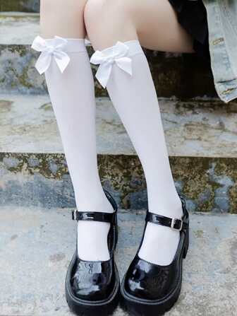 1 Pair Bow Decor Casual Versatile Soft Over-The-Knee Socks, Cozy