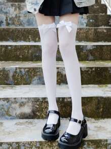 蝴蝶结设计简约过膝袜，舒适 - 白色 - 查看 1