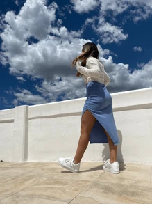 falda con abertura plisada en pierna - Azul - Ver 2