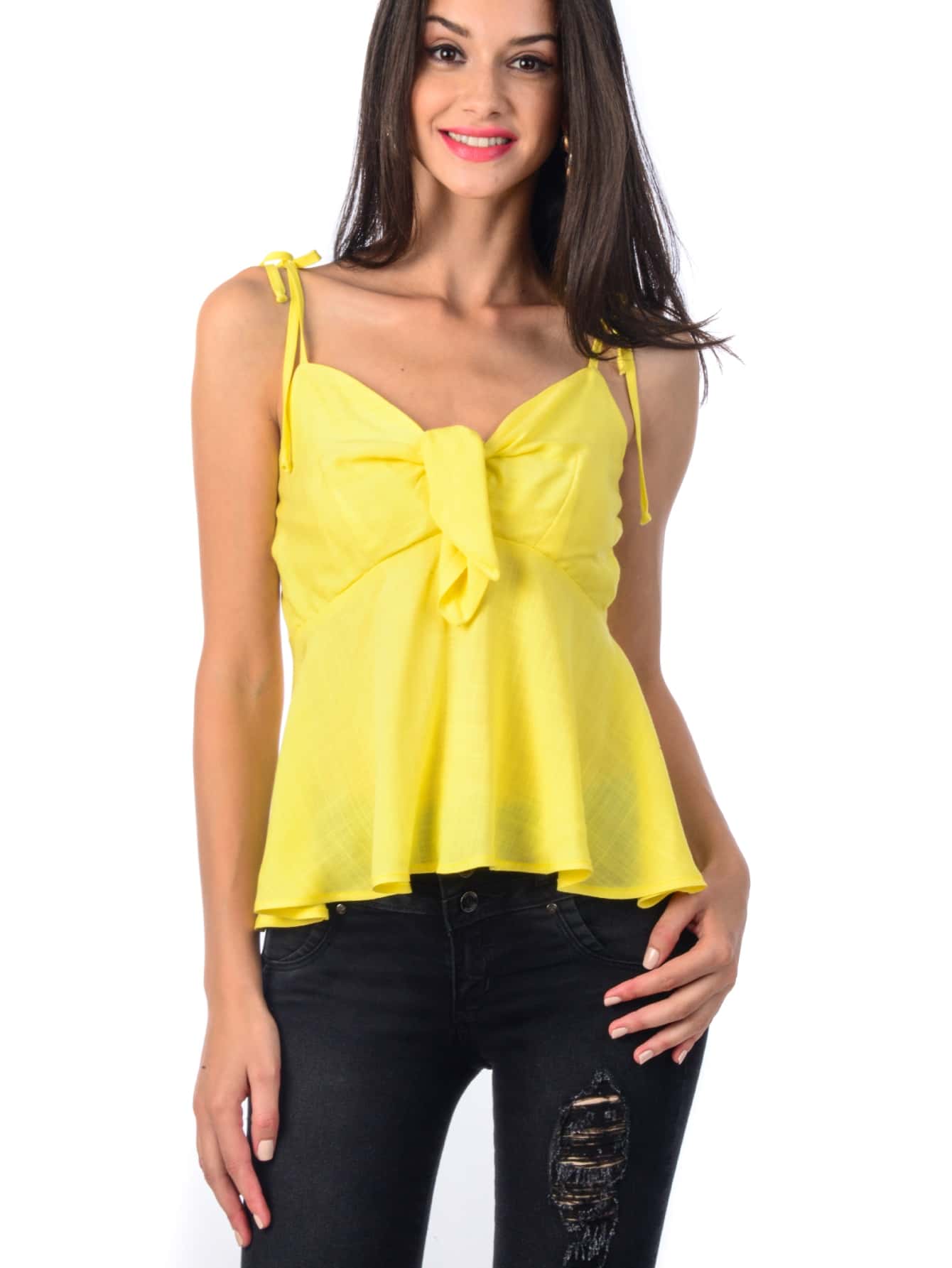 Blusa coquette con moño y tirantes ajustables y bajo volado B06-19 - Amarillo - Ver 1