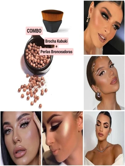 Brocha Kabuki y Perlas Bronceadoras Dúo para Contorno Facial Perfecto