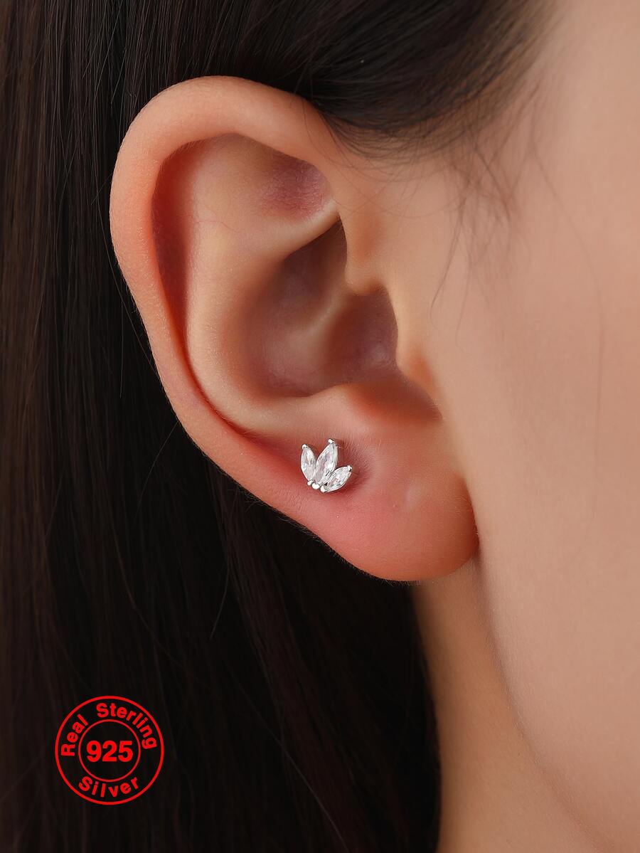 1 chiếc khuyên tai xỏ khuyên hình mắt ngựa bằng bạc Sterling S925 đính đá Zirconia dành cho nữ, món quà trang sức thời trang và đa năng dành cho quý cô - Bạc - Xem 1