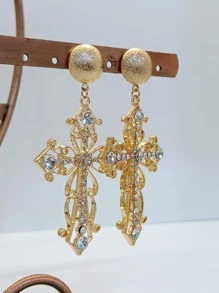 Pendientes largos con diamante de imitación decoración cruzada - Dorado - Ver 6