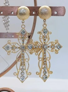 Pendientes largos con diamante de imitación decoración cruzada - Dorado - Ver 4