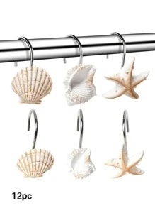 12pcs/Set White & Khaki Shell Shaped Shower Curtain Hooks, Fashionable New Resin Shell & Starfish Design Multi-Purpose Bathroom & Kitchen Hooks, Suitable For Daily Use, Home Decor, Holiday Gifts - Yellow - View 1