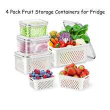 4 Pack Fruit Storage Containers for Fridge - Large Produce Saver Containers with Lid & Colander, Plastic Vegetable Storage Salad Berry Container Lettuce Keeper Refrigerator Organizer Bins -Green/White - trắng - Xem 1