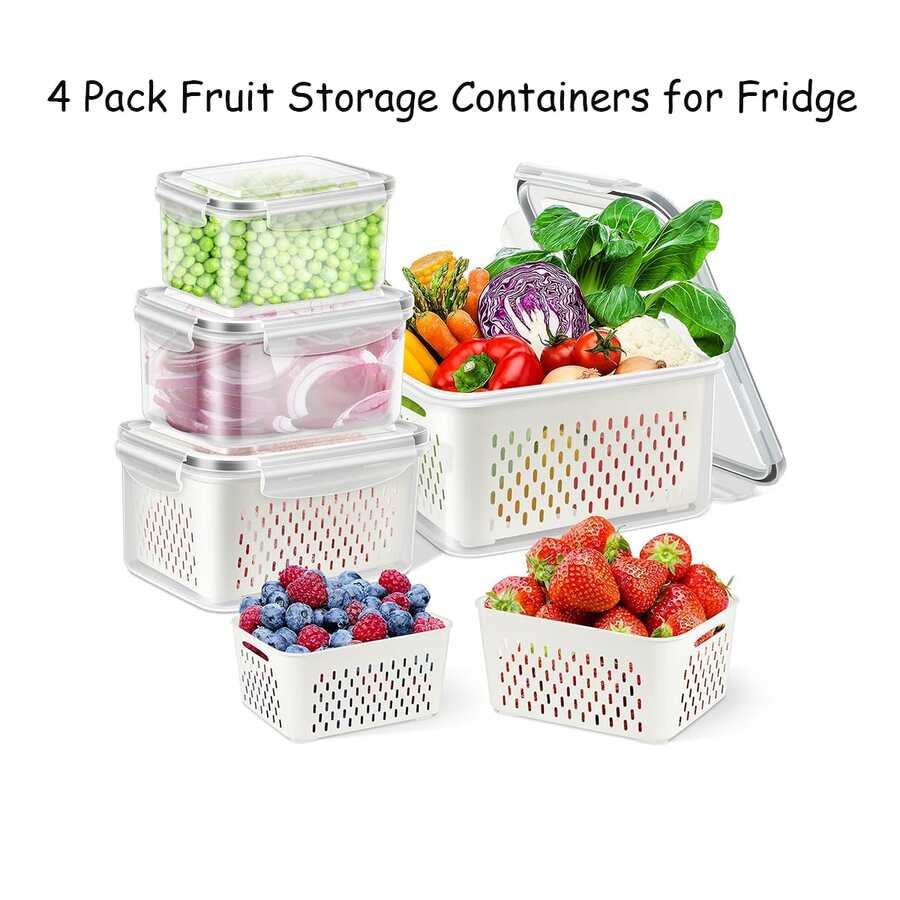 4 Pack Fruit Storage Containers for Fridge - Large Produce Saver Containers with Lid & Colander, Plastic Vegetable Storage Salad Berry Container Lettuce Keeper Refrigerator Organizer Bins -Green/White - trắng - Xem 1