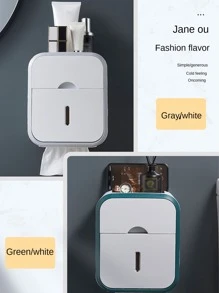 1入綠色牆掛式廁紙架,組合面紙盒,浴室收納置物架,免鑽安裝 - 綠色 - 查看 5