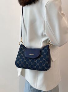 Women's Fashionable Shoulder Bag With Letter Design Flap Cover - Navy Blue - View 2
