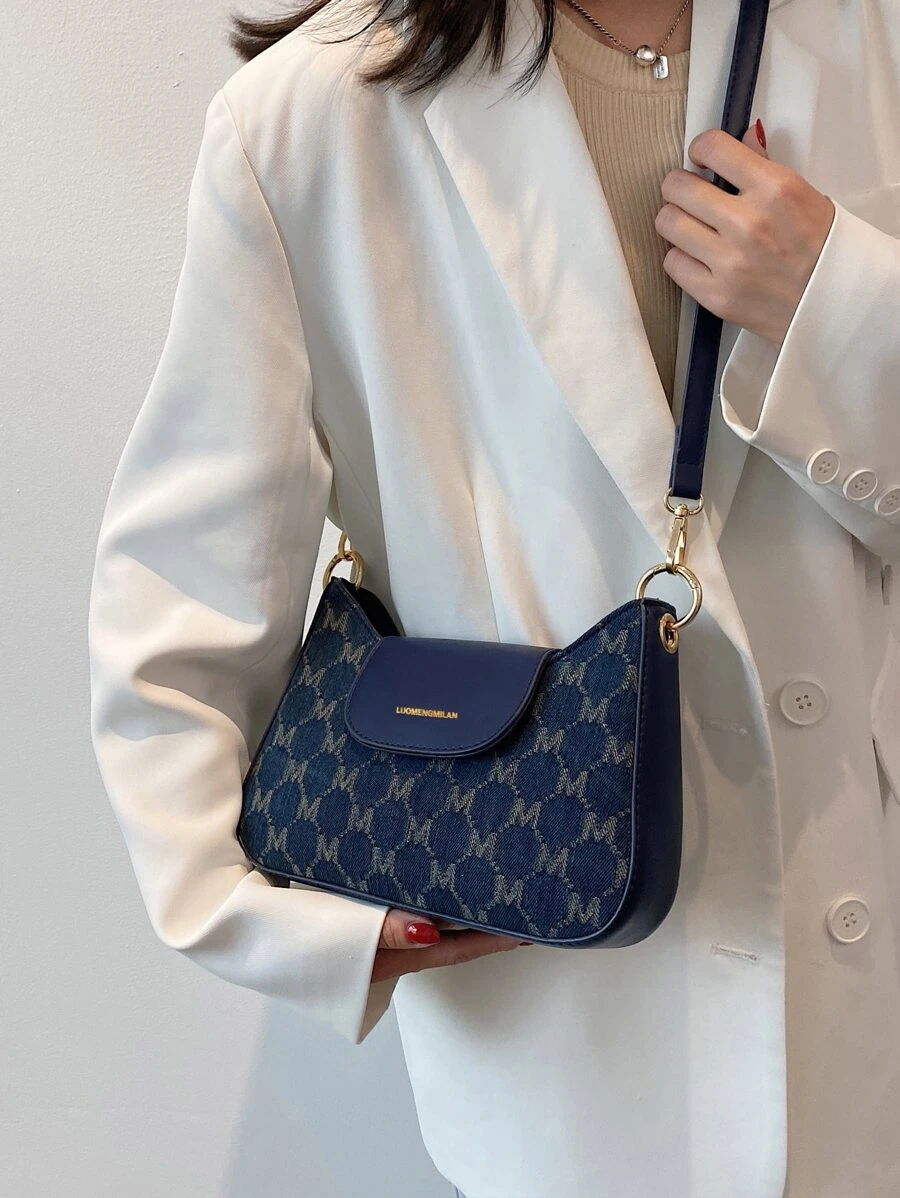 Women's Fashionable Shoulder Bag With Letter Design Flap Cover - Navy Blue - View 1