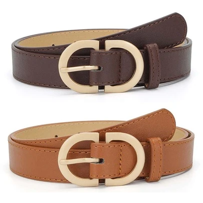 2入組純色金屬別針鍊扣pu皮帶,適用於外套/牛仔褲,適合日常穿著(咖啡色+駝色)